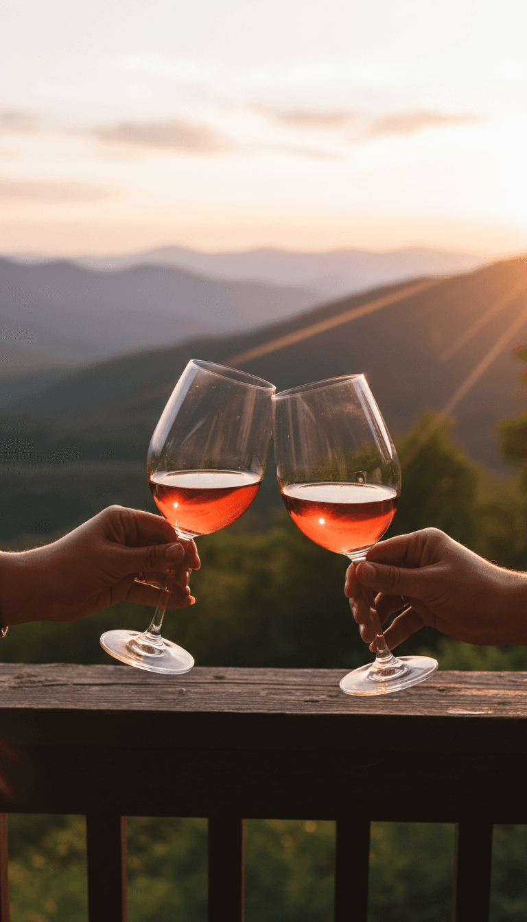Two glasses of wine clinking on a porch rail with mountain view