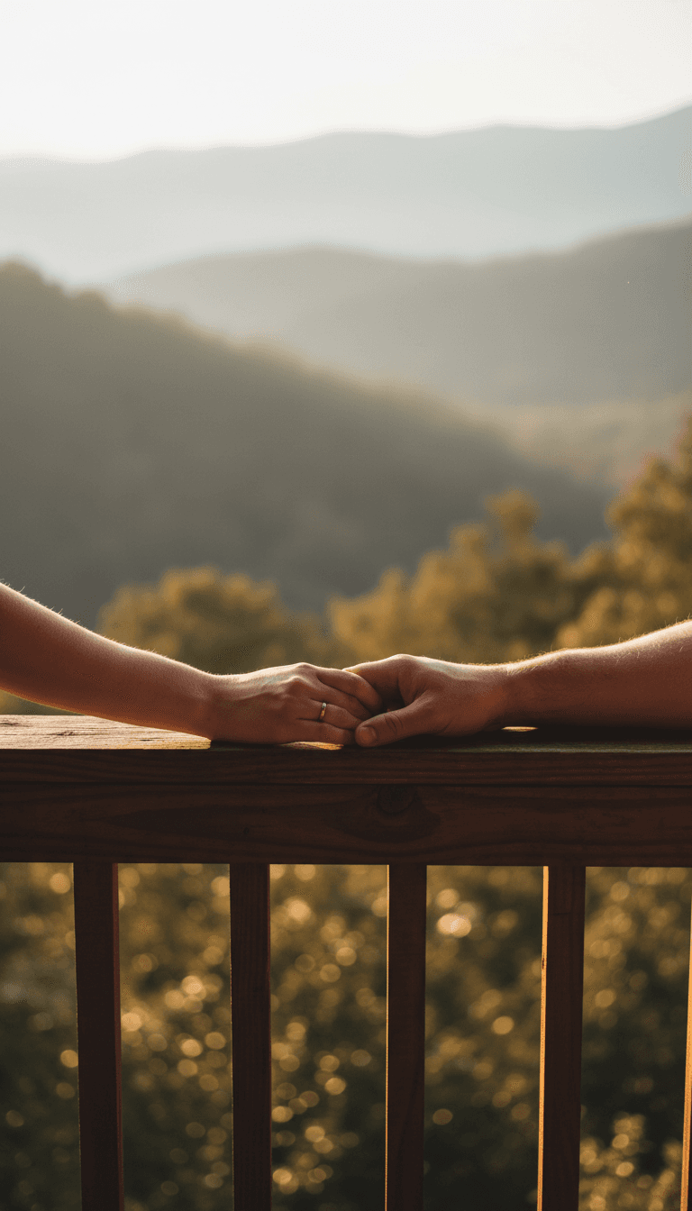 Couple's hands resting on a wooden porch railing with misty Smoky Mountain forest in the background