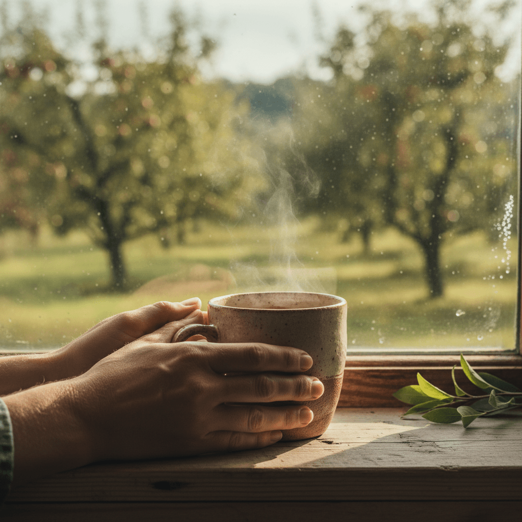 Live-edge kitchen counter with coffee mugs