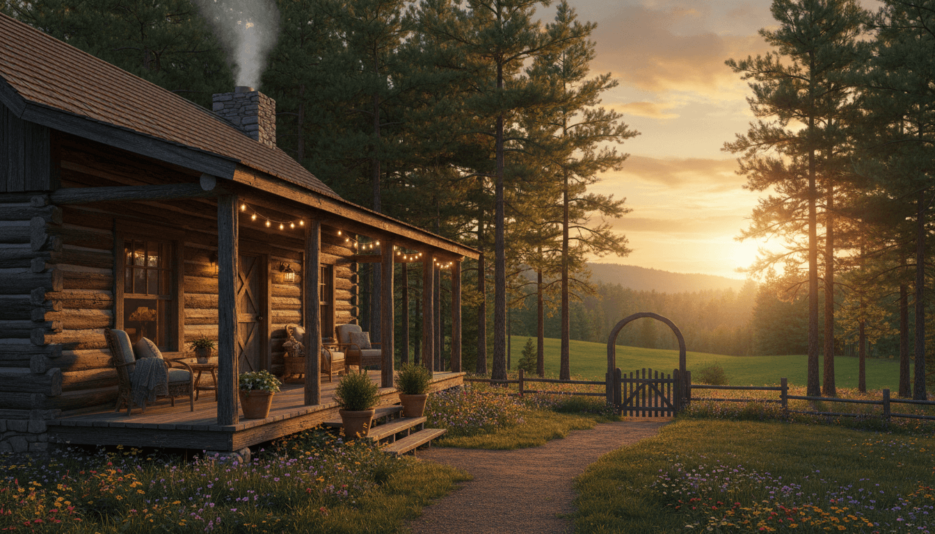 Couple sitting on a wooden glider on a cabin porch overlooking the Smoky Mountains at golden hour