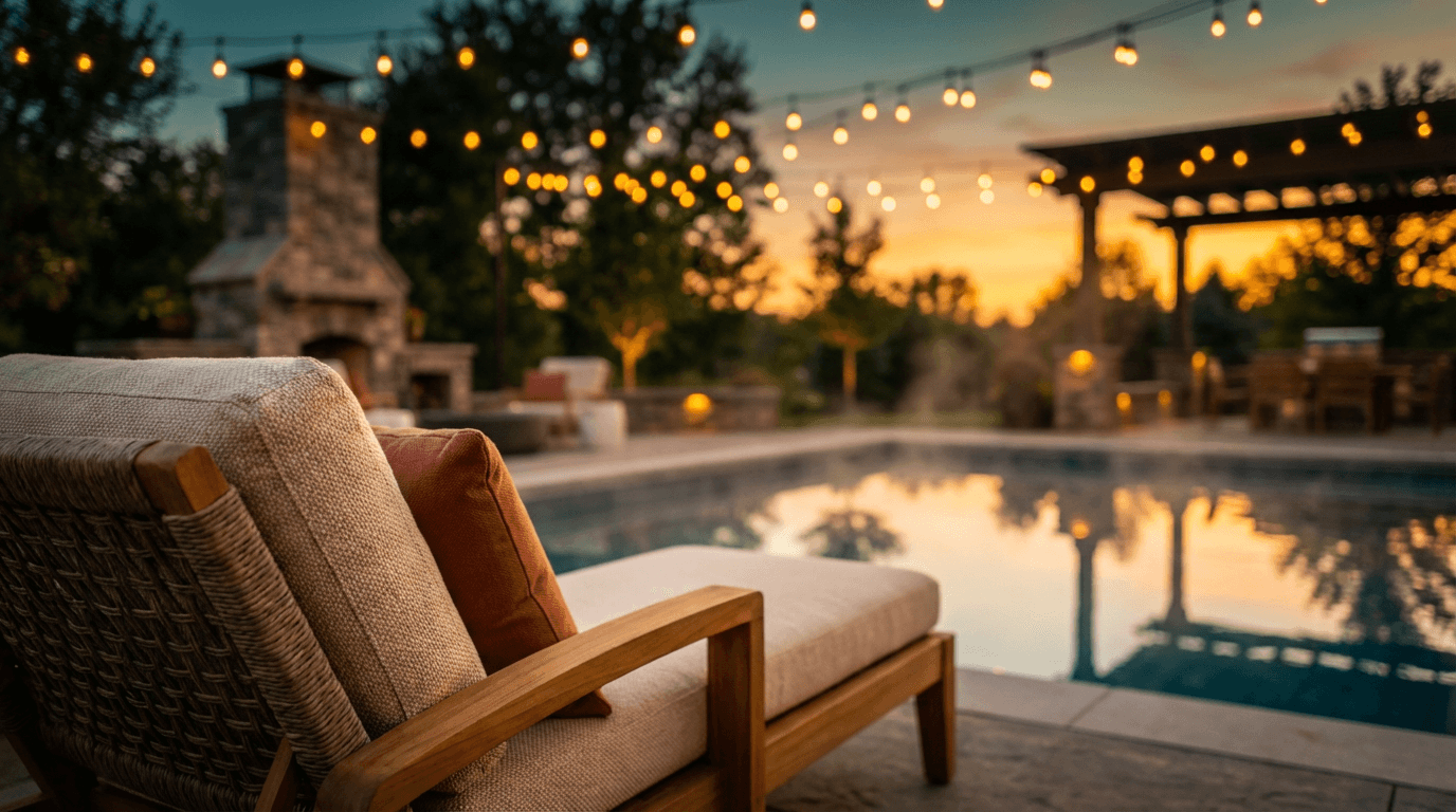 Hot tub with string lights at dusk on the back deck